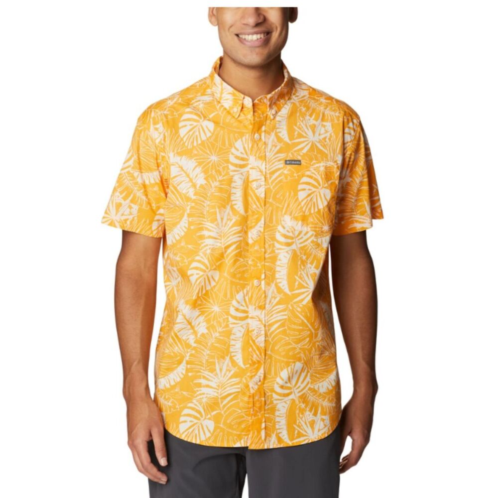 Columbia Orange Tropical Leaf Rapid Rivers Stretch Short Sleeve Shirt Mens XL